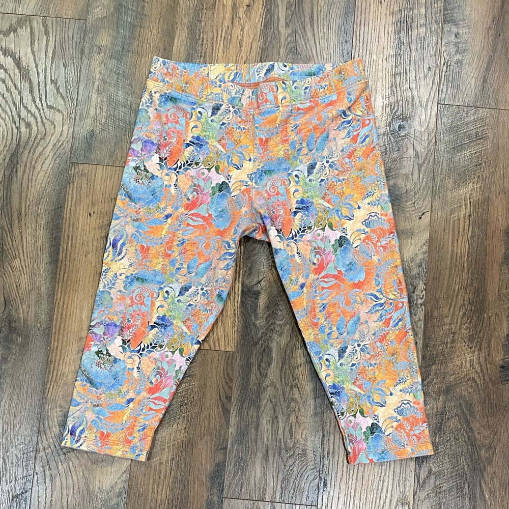 SOFT SURROUNDINGS botanical peach + blue printed capri cotton blend leggings EUC